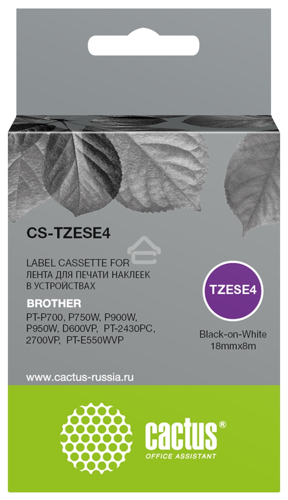 Картридж ленточный Cactus CS-TZESE4 TZe-SE4 черный шрифт, белый фон (18 мм, 8 м) для Brother PT-P700, P750W, P900W, P950W, D600VP, PT-2430PC, 2700VP, PT-E550WVP