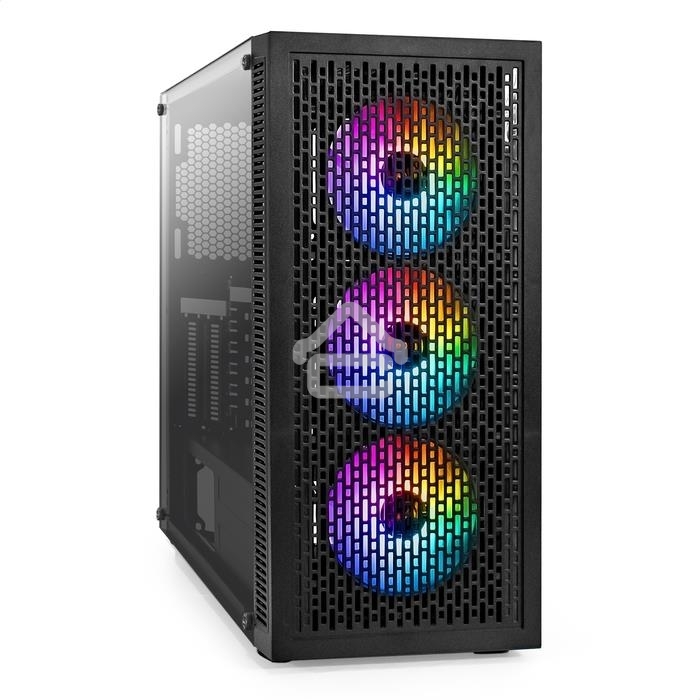 Компьютерный корпус Miditower ExeGate EVO-5001A (ATX, без БП, 2*USB+1*USB3.0+HD Audio, черный, 3 вент.12см с RGB подсветкой, боковая панель - закаленное стекло)