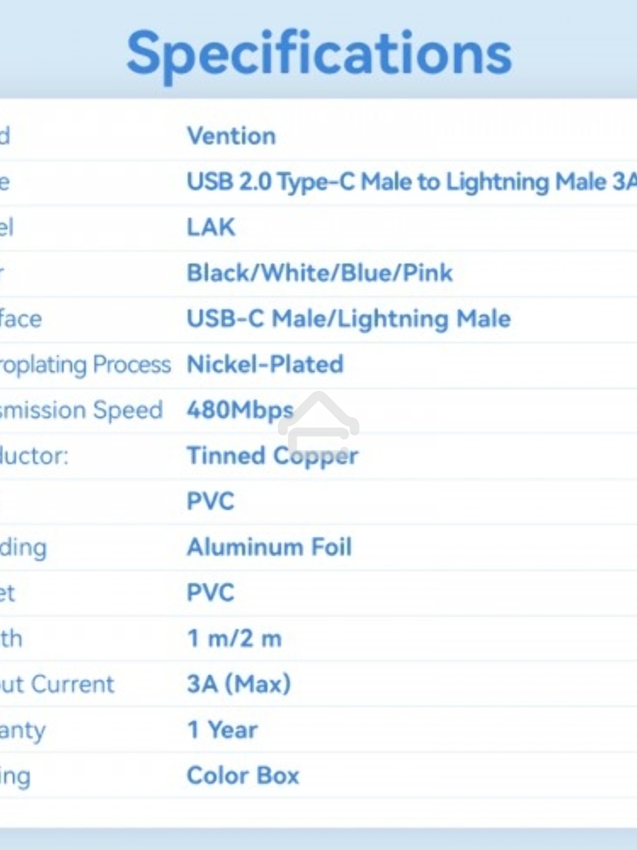 Кабель Vention USB 2.0 CM/Lightning 8M для iPad/iPhone 3A - 1м. Голубой