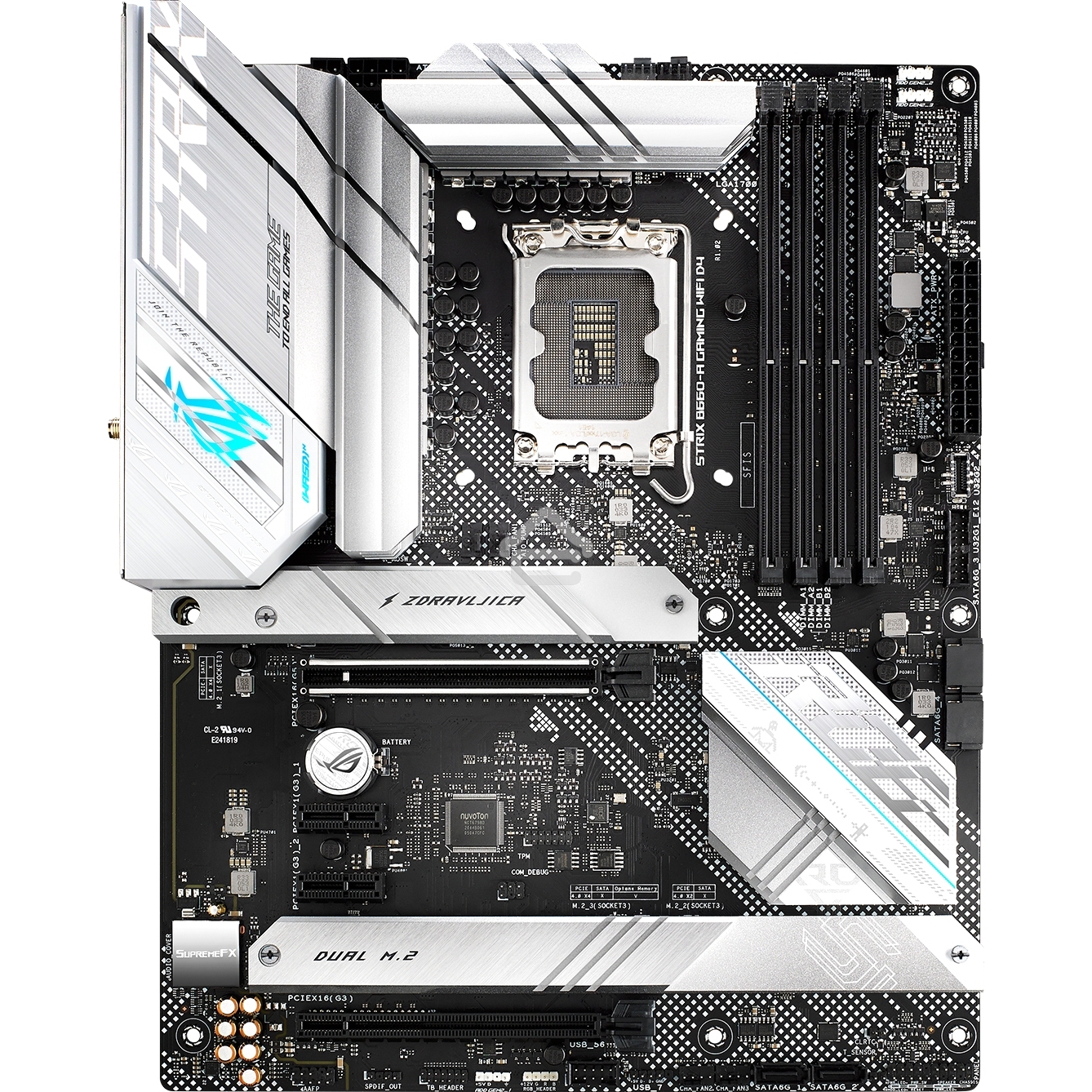 Материнская плата ASUS ROG STRIX B660-A GAMING WIFI D4, LGA 1700, Intel B660, 4xDDR4, 4xSATA, 3xM.2, 1xPCIe 5.0 x16, 1xPCIe 3.0 x4, 2xPCIe x1, 1xHDMI, 1xDP, 1x 2.5Gb LAN, 4xUSB 2.0, 2xUSB 3.2 Gen 1, 1xUSB-A 3.2 Gen 2, 1xUSB-C 3.2 Gen 1, 1xUSB-C 3.2 Gen 2x
