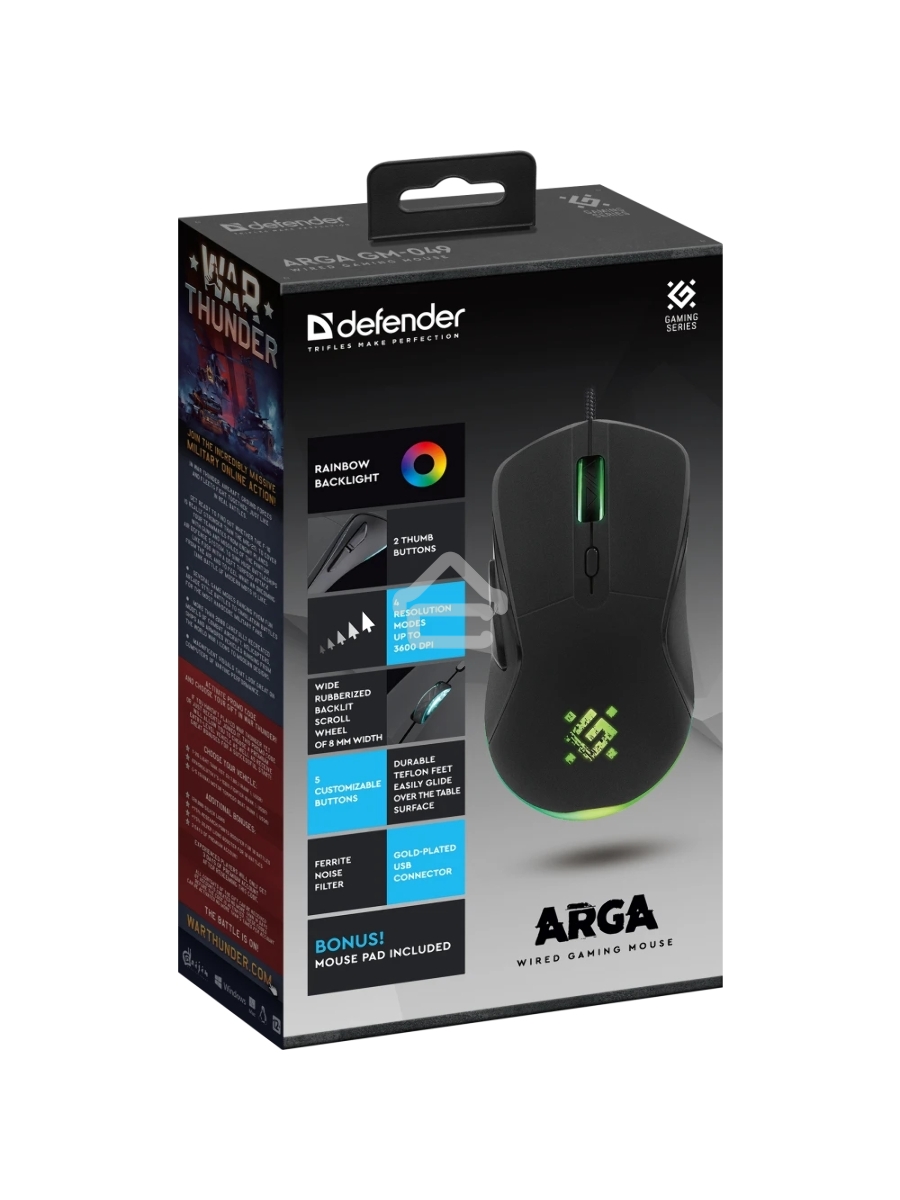 Мышь проводная Defender Arga GM-049 черный, 3600 dpi, USB, кнопки - 6
