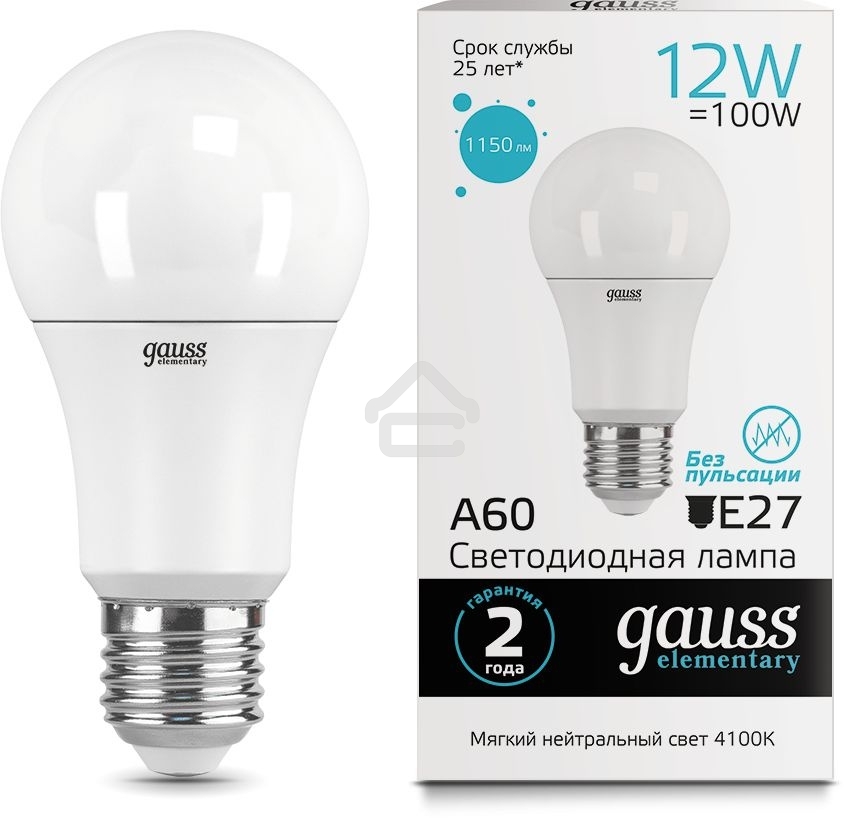 Светодиодная лампа GAUSS 23222 LED Elementary A60 12W E27 1150lm 4100K 1/10/50 0
