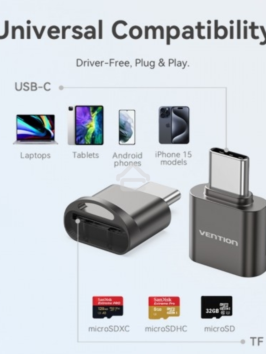 Картридер Vention OTG USB 2.0 CM / MicroSD - Серый