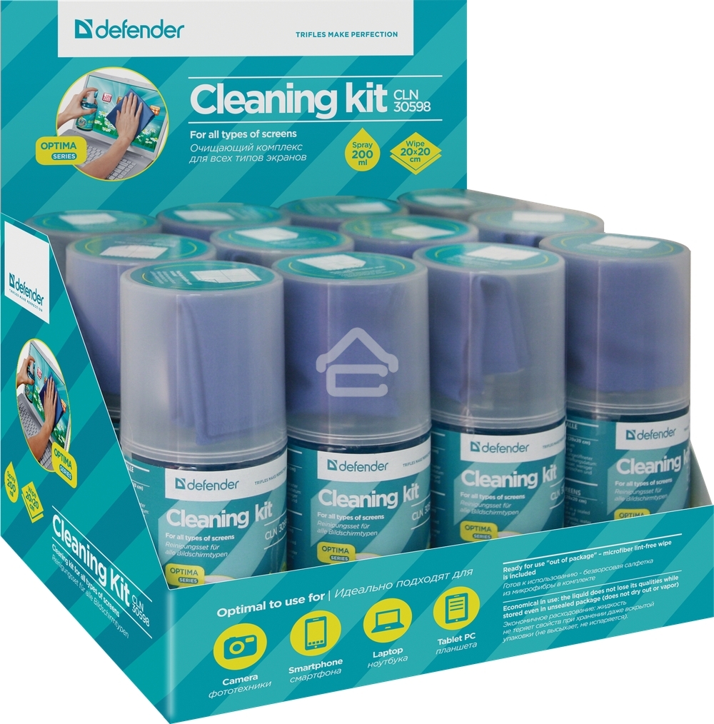 Чистящий спрей Defender для экранов / пластиковый флакон с пульверизатором 200 мл + микрофибра 20 х 20 см / Беларусь