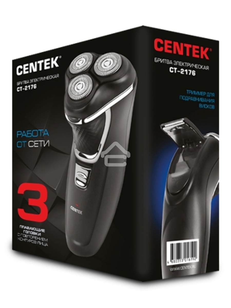 Бритва Centek CT-2176 (черн/хром) ротор, 3 плавающие головки, аккумулятор + работа от сети, триммер