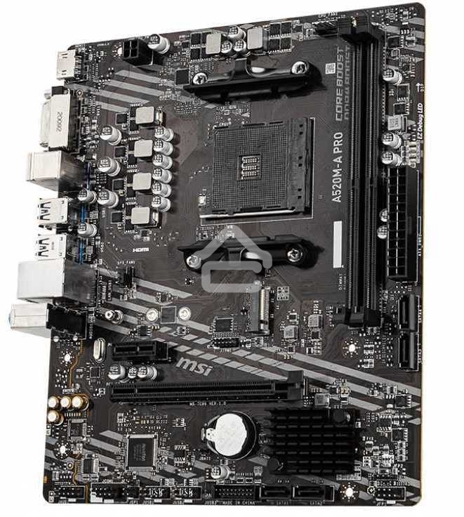 Материнская плата MSI A520M-A PRO, AM4, AMD A520, 2xDDR4, 4xSATA, 1xM.2, 1xPCIe 3.0 x16, 1xDVI-D, 1xHDMI, 1x 1Gb LAN, 2xUSB 2.0, 4xUSB 3.2 Gen 1, 3x3.5 мм, 7.1, mATX