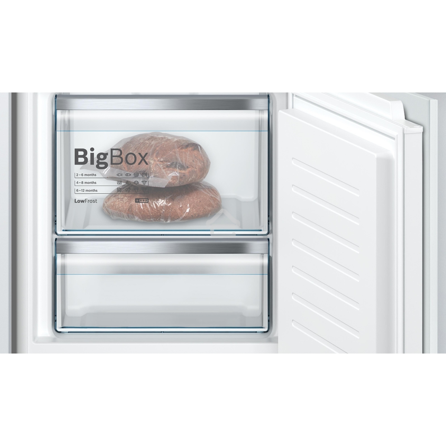 Холодильник Bosch KIS87AFE0 Встраиваемый двухкамерный 177.2х54.1х54.5 см, 272 (211+64) л, LED Освещение, зона свежести Hydrofresh, BigBox в морозилке