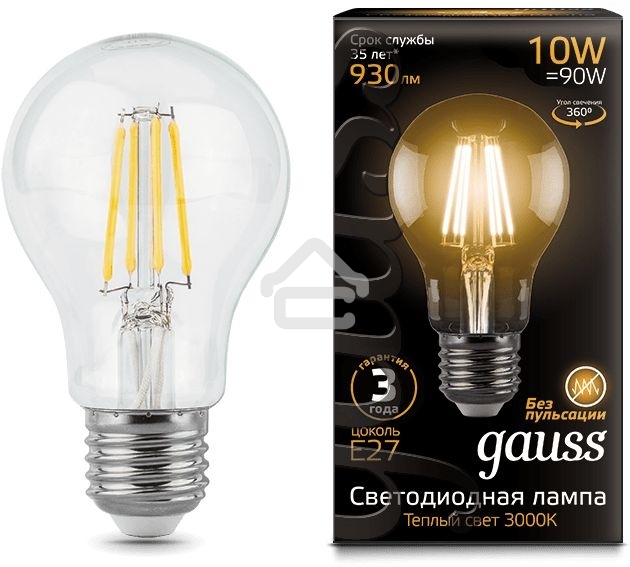 Лампа светодиодная Gauss Filament A60 E27 10Вт 2700К