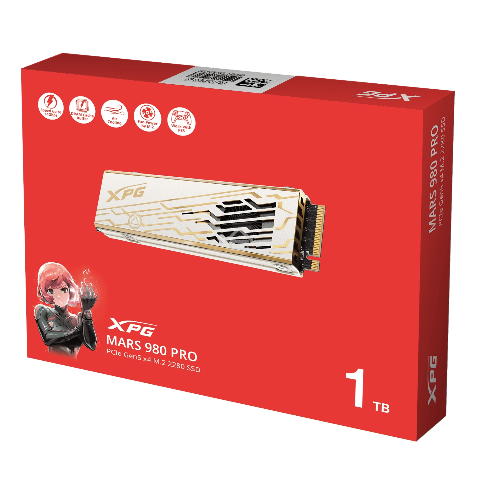 Твердотельный накопитель ADATA SSD XPG MARS 980 PRO, 1000GB, M.2(22x80mm), NVMe, PCIe 5.0 x4, 3D NAND, R/W 14000/10000MB/s, IOPs 1 600 000/1 650 000, TBW 740, DWPD 0.4, with Heat Sink (5 лет)