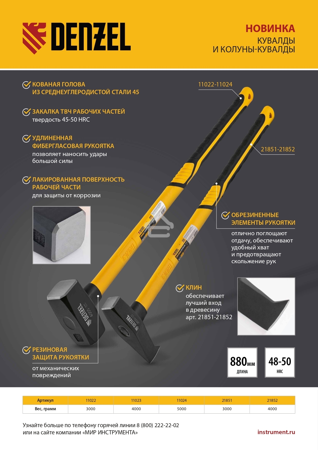 Кувалда Denzel 4000 г, кованая, фибергласовая рукоятка c TPR покрытием, 880 мм