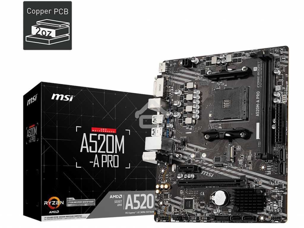 Материнская плата MSI A520M-A PRO, AM4, AMD A520, 2xDDR4, 4xSATA, 1xM.2, 1xPCIe 3.0 x16, 1xDVI-D, 1xHDMI, 1x 1Gb LAN, 2xUSB 2.0, 4xUSB 3.2 Gen 1, 3x3.5 мм, 7.1, mATX
