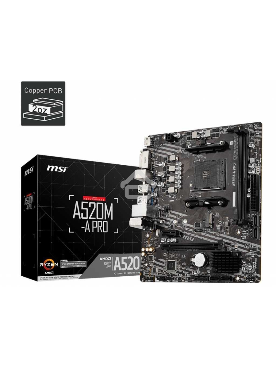 Материнская плата MSI A520M-A PRO, AM4, AMD A520, 2xDDR4, 4xSATA, 1xM.2, 1xPCIe 3.0 x16, 1xDVI-D, 1xHDMI, 1x 1Gb LAN, 2xUSB 2.0, 4xUSB 3.2 Gen 1, 3x3.5 мм, 7.1, mATX