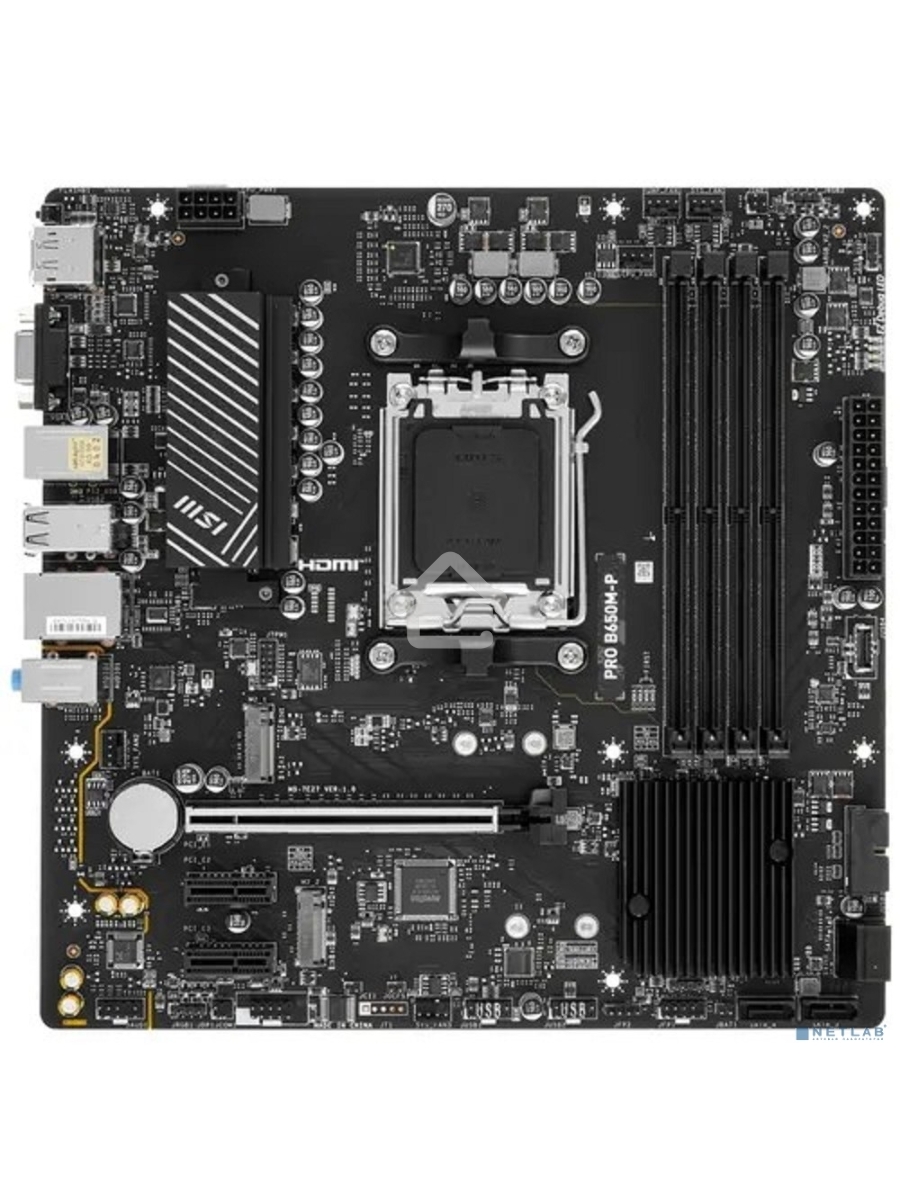 Материнская плата MSI PRO B650M-P, AM5, AMD B650, 4xDDR5, 4xSATA, 2xM.2, 1xPCI-E 4.0 x16, 2xPCI-E 4.0 x1, 1xHDMI, 1xDP, 1xVGA, 1x2.5Gb LAN, 2xUSB 3.2 Gen 1, 2xUSB 3.2 Gen 2, 3x3.5 мм, 7.1, Micro-ATX