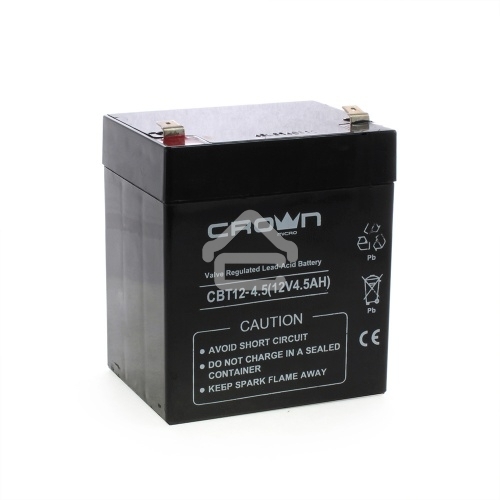 Батарея CROWN CBT-12-4.5, напряжение 12В, ёмкость4,5 А/Ч, размеры (мм)90х70х101, вес 1,48 кг, тип клеммы - F2, тип АКБ - свинцово кислотная с загущеным электролитом в гель, срок службы 6 лет