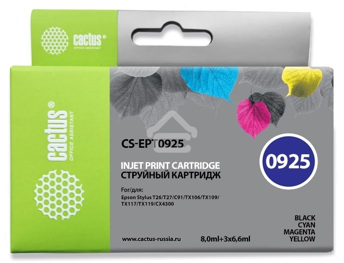 Картридж струйный Cactus CS-EPT0925 черный/голубой/пурпурный/желтый (27.8 мл) для Epson Stylus C91/CX4300/T26/T27/TX106/TX109/TX117/TX119