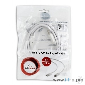 Кабель USB Cablexpert CCP-USB3-AMCM-6-W, USB3.0 AM/USB Type-C, 1.8м, белый, пакет