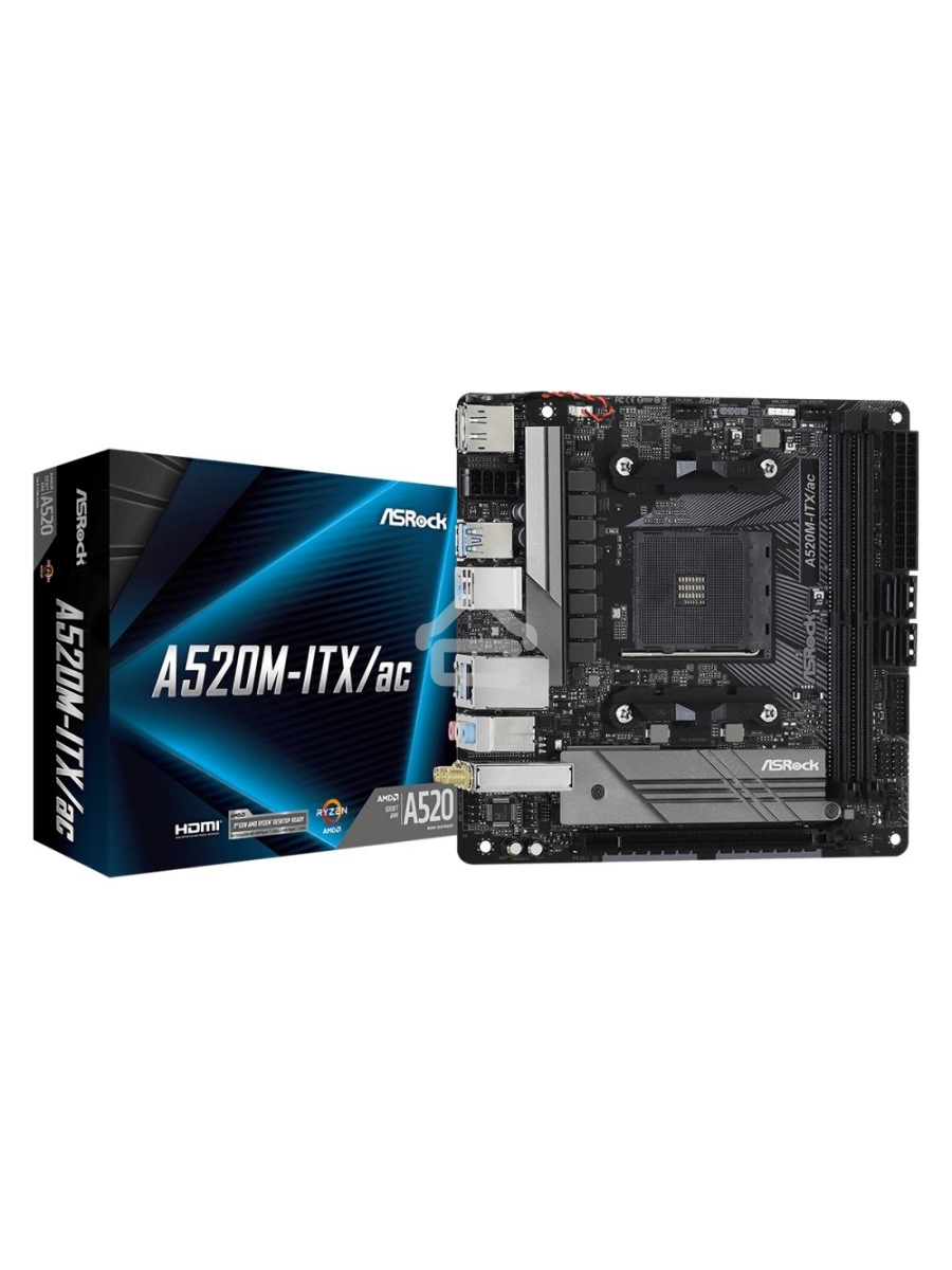 Материнская плата ASRock A520M-ITX/AC, AM4, AMD A520, 2xDDR4, 4xSATA, 1xM.2 PCIe, 1xPCIe 3.0 x16, 1xHDMI, 1xDP, 1x1Gb LAN, Wi-Fi, Bluetooth, 2xUSB-A 2.0, 3xUSB-A 3.2 Gen 1, 1xUSB-C 3.1, 3x3.5 мм, 7.1, Mini-ITX