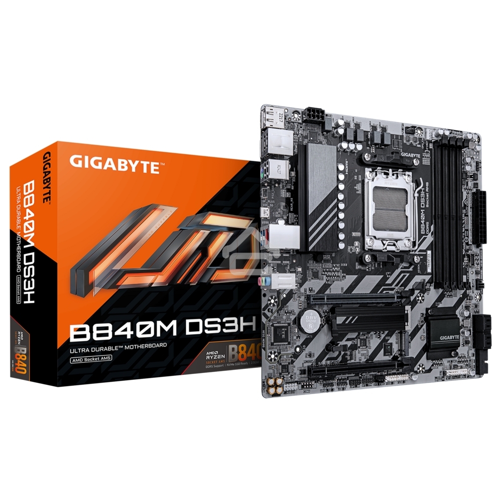 Материнская плата Gigabyte B840M DS3H, AM5, AMD B840, 4xDDR5, 4xSATA, 2xM.2, 1xPCIe 4.0 x16, 1xPCIe 3.0 x4, 2xDP, 1xHDMI, 1x2.5Gb LAN, 3xUSB-A 5Gbps, 8xUSB-A 2.0, 1xUSB-C 5Gbps, 3x3.5 мм, 7.1, mATX