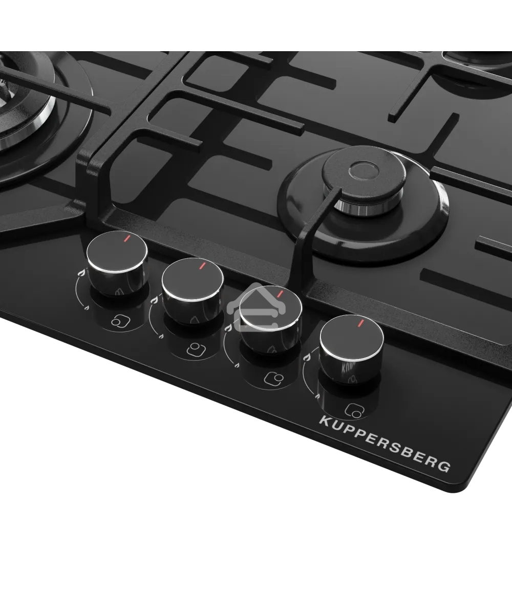 Варочная панель Kuppersberg FG 66 B газ, High-Tech, 59 см, автоматический электроподжиг, газ-контроль, форсунки под сжиженый газ, SABAF конфорки, чугунные решетки, цвет черный, цвет фурнитуры черный