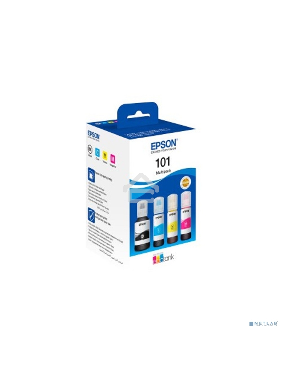 Чернила оригинальные Epson 101 / C13T03V64A мультипак, черный 127 мл., голубой, пурпурный, желтый - 210 мл. для Epson