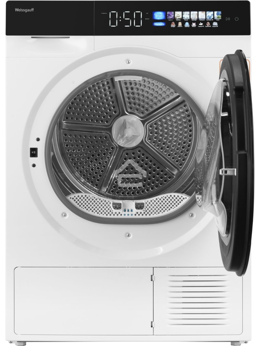 Сушильная машина Weissgauff WD 999 Heat Pump Full Touch белый/черный, 10 кг, сушка - тепловой насос, программ - 16, 60 x 85 x 62 см