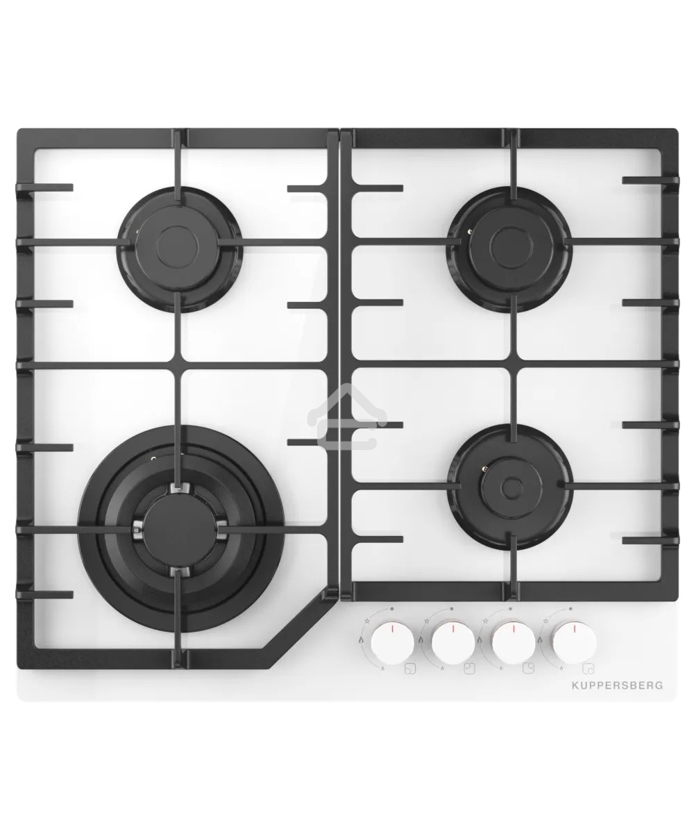 Варочная панель Kuppersberg FG 66 W газ, High-Tech, 59 см, автоматический электроподжиг, газ-контроль, форсунки под сжиженый газ, SABAF конфорки, чугунные решетки, цвет белый, цвет фурнитуры белый