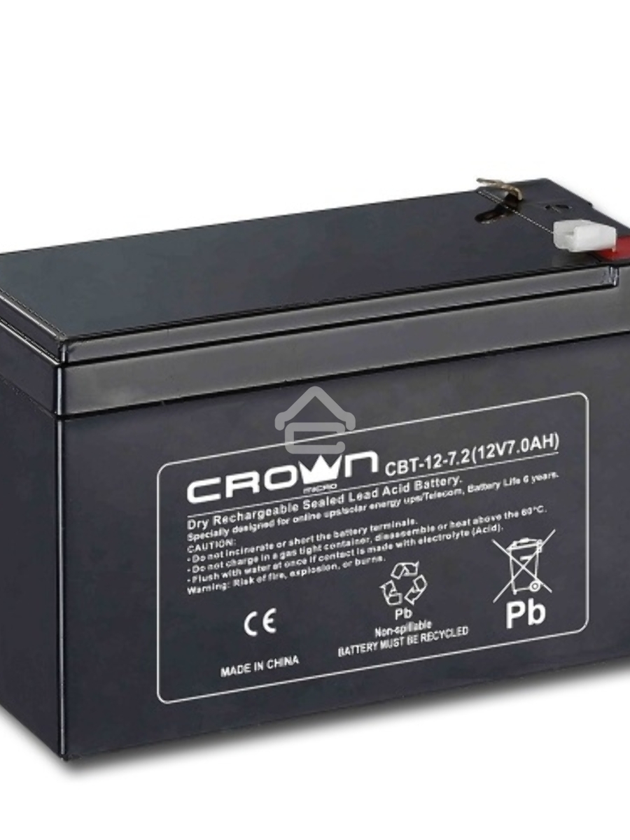 Батарея CROWN CBT-12-7.2 (напряжение 12В, емкость 7.2 А/Ч, разм 151х65х100 мм, вес 2,1 кг, тип клеммы - F2, 5 лет)