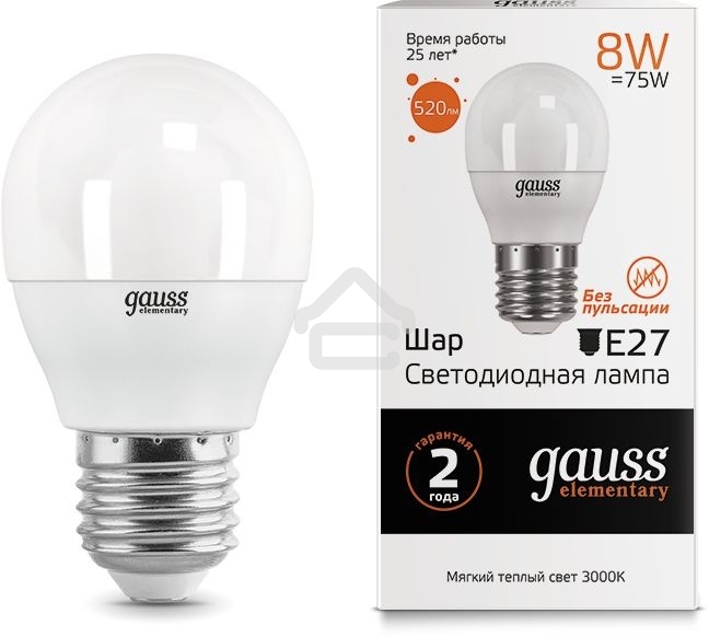 Светодиодная лампа LED GAUSS 53218 Elementary Шар 8W E27 520lm 3000K 1/10/100 0