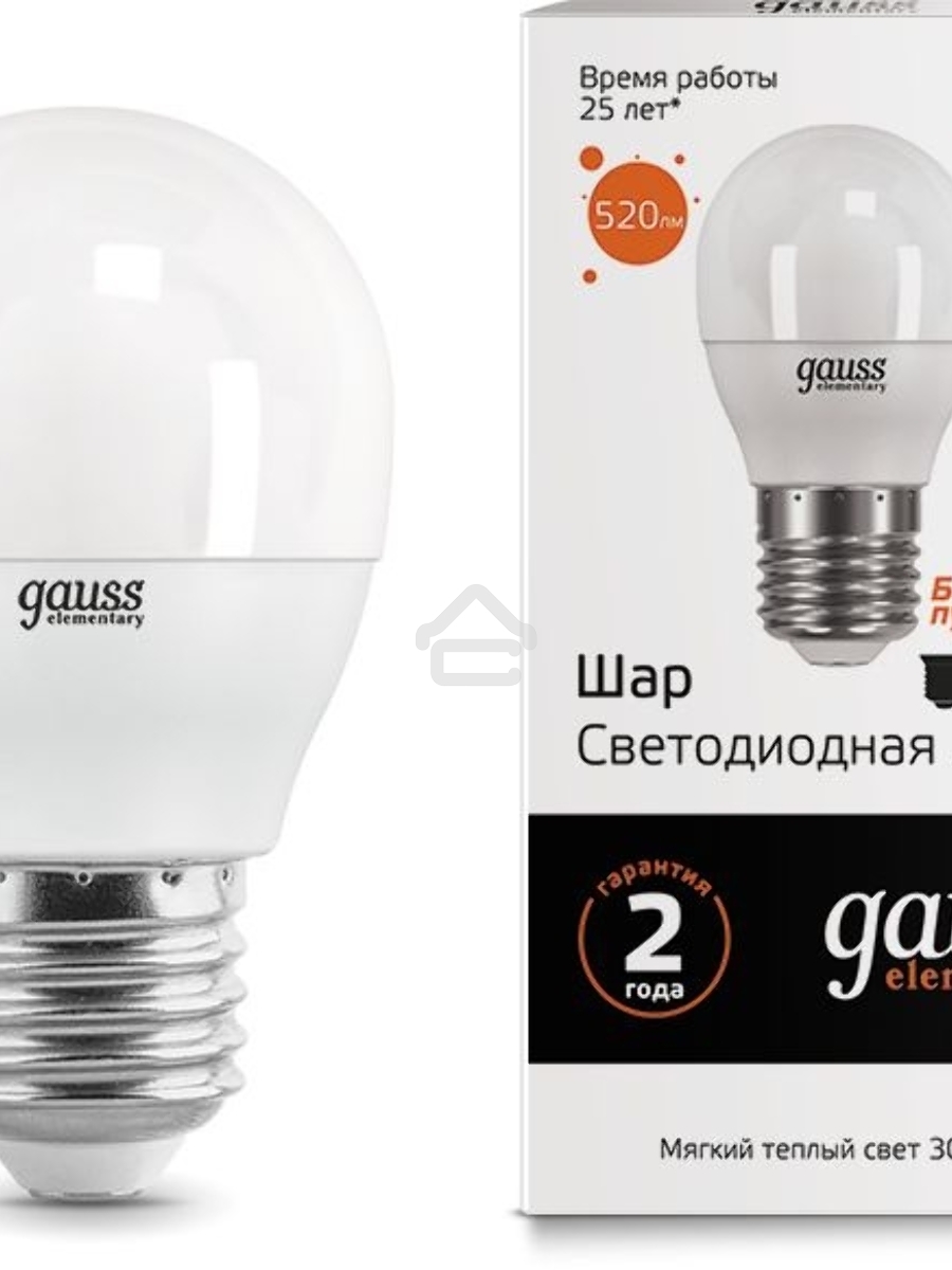 Светодиодная лампа LED GAUSS 53218 Elementary Шар 8W E27 520lm 3000K 1/10/100 0