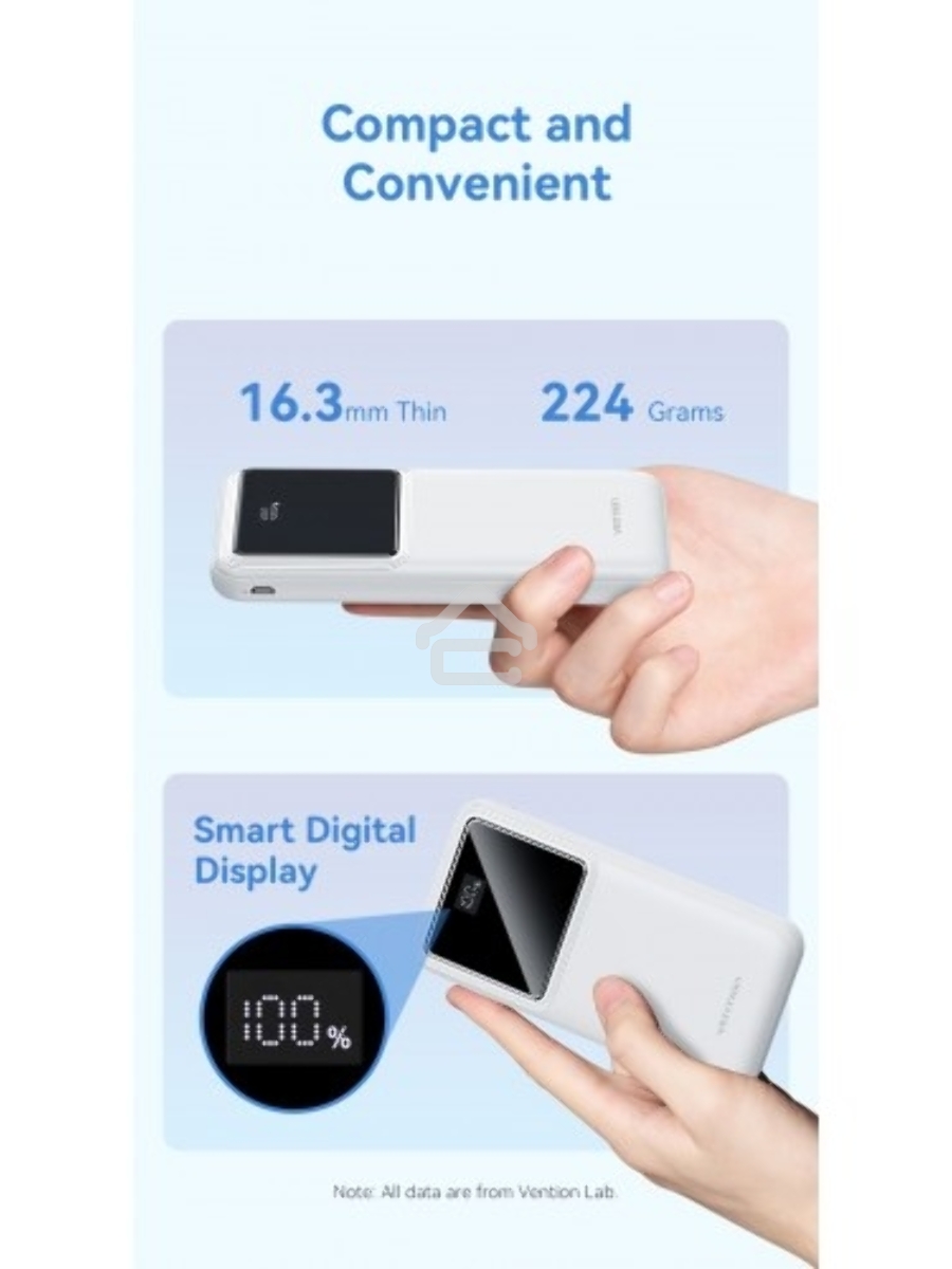 Внешний аккумулятор Vention 10000mAh(M/C-A/A)22.5W Белый с LED Дисплеем