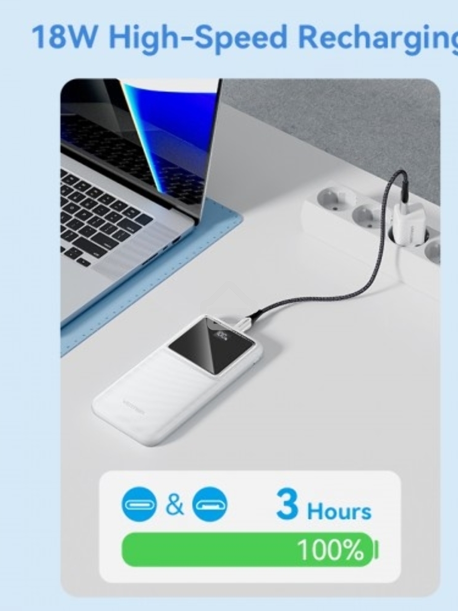 Внешний аккумулятор Vention 10000mAh(M/C-A/A)22.5W Белый с LED Дисплеем