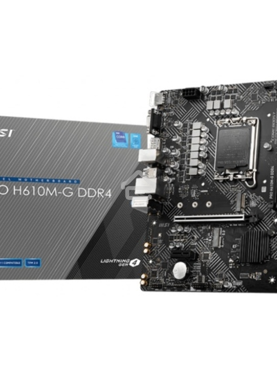 Материнская плата MSI PRO H610M-G DDR4, LGA 1700, Intel H610, 2xDDR4, 4xSATA, 1xM.2, 1xPCIe 4.0 x16, 1xPCIe 3.0 x1, 1xHDMI, 1xDP, 1xVGA, 1xRJ45 1Gb, 2xUSB-A 3.2 Gen 1, 4xUSB-A 2.0, 3x3.5мм, 7.1, mATX