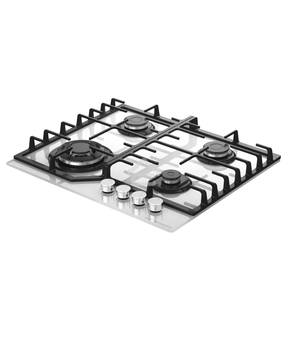 Варочная панель Kuppersberg FG 66 W газ, High-Tech, 59 см, автоматический электроподжиг, газ-контроль, форсунки под сжиженый газ, SABAF конфорки, чугунные решетки, цвет белый, цвет фурнитуры белый