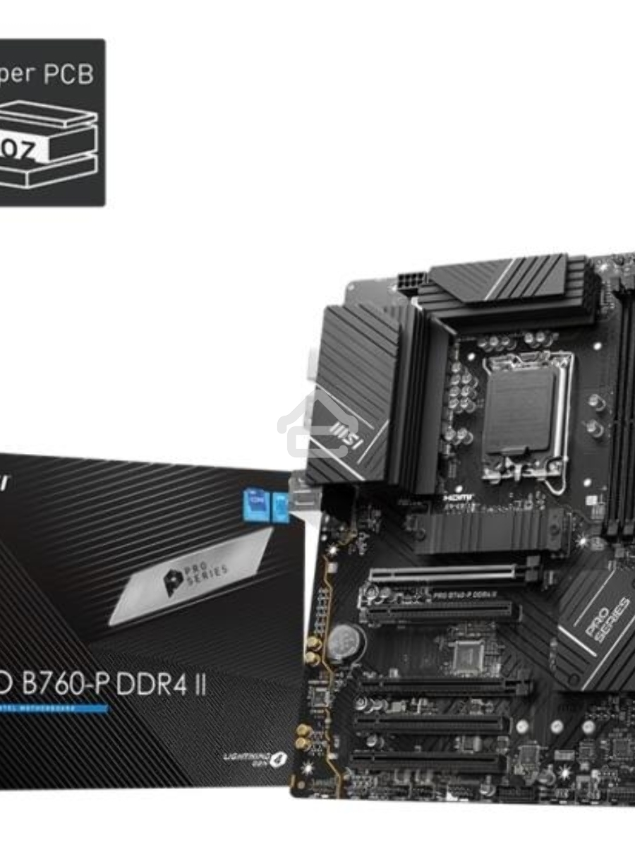 Материнская плата MSI PRO B760-P DDR4 II, LGA 1700, Intel B760, 4xDDR4, 4xSATA, 2xM.2, 1xPCIe 4.0 x16, 1xPCIe 4.0 x4, 3xPCIe 3.0 x1, 1xHDMI, 1xDP, 1x 2.5Gb LAN, 2xUSB-A 2.0, 2xUSB-A 3.2 Gen 1, 1xUSB-C 3.2 Gen 2, 5x3.5 мм, 7.1, ATX