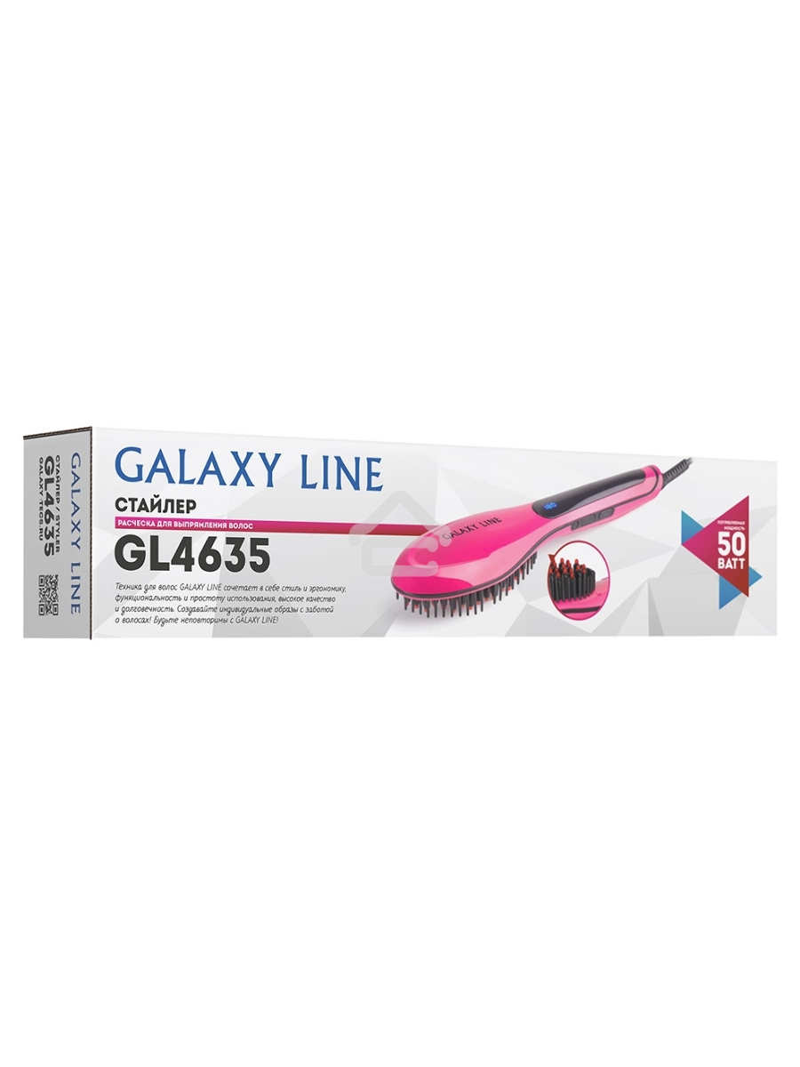 Стайлер Galaxy Line GL 4635, розовый, 50 Вт, керамическое покрытие рабочей поверхности, регулятор температурных режимов (80-230 С), светодиодный дисплей с индикацией температурных режимов, массажные зубчики для улучшения кровообращения кожи головы и стиму