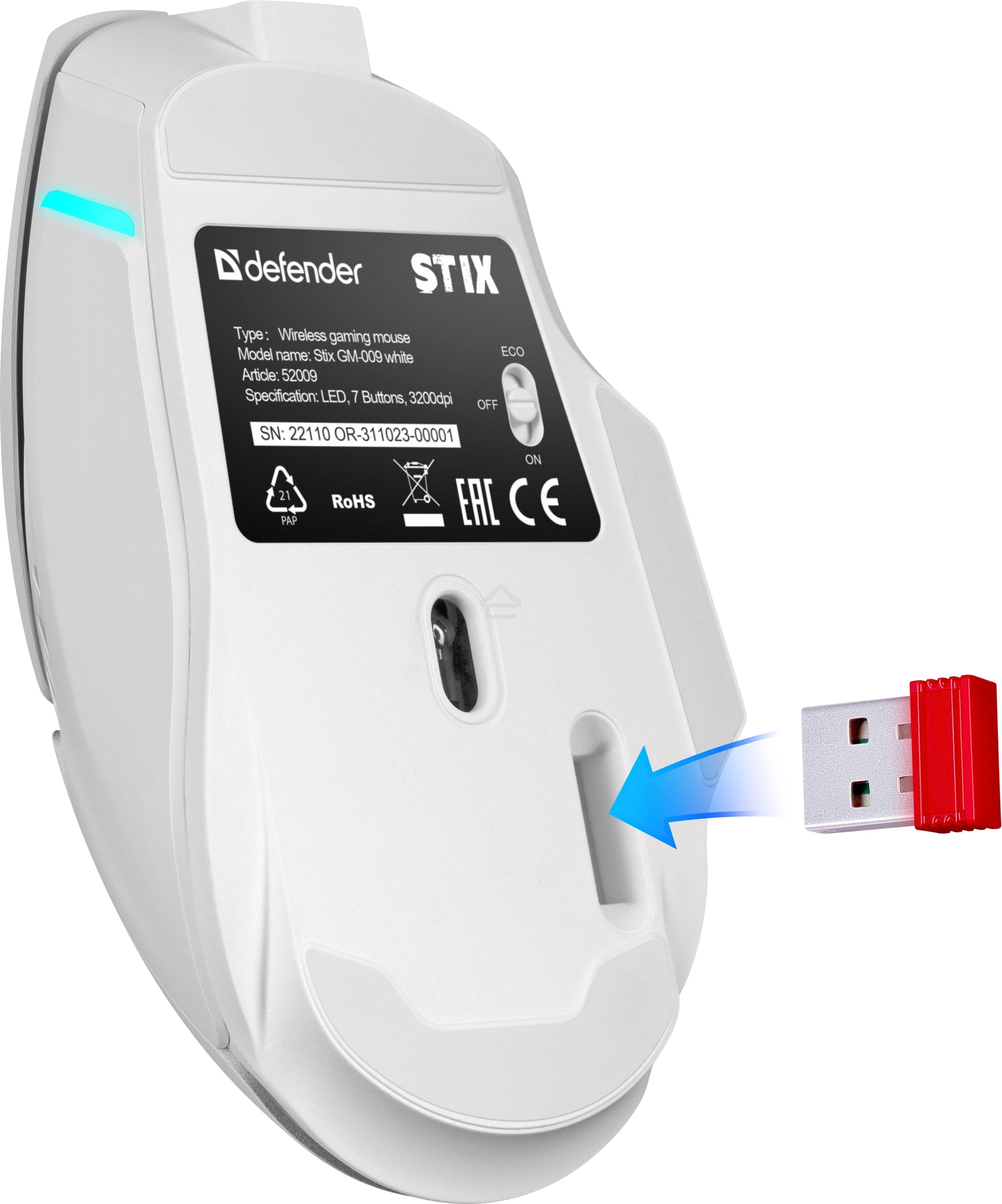 Мышь беспроводная Defender Stix GM-009 белый, 3200 dpi, радиоканал, USB, кнопки - 7