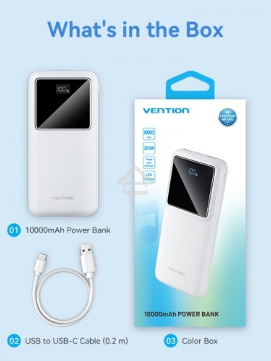 Внешний аккумулятор Vention 10000mAh(M/C-A/A)22.5W Белый с LED Дисплеем