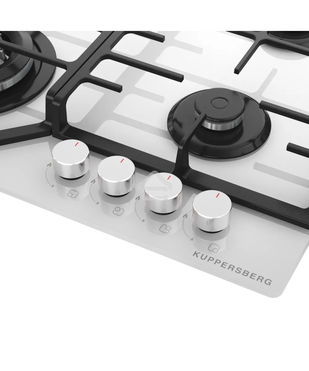 Варочная панель Kuppersberg FG 66 W газ, High-Tech, 59 см, автоматический электроподжиг, газ-контроль, форсунки под сжиженый газ, SABAF конфорки, чугунные решетки, цвет белый, цвет фурнитуры белый