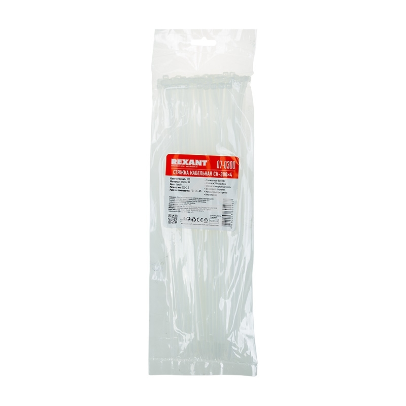 Хомут-стяжка кабельная нейлоновая Rexant 300 x 3,6 мм, белая, упаковка 100 шт.