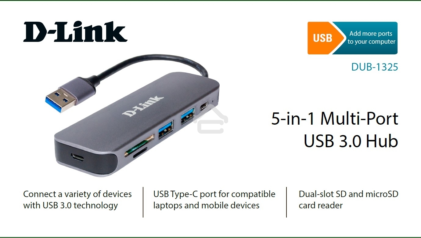 Концентратор D-Link DUB-1325/A2A с 2 портами USB 3.0, 1 портом USB Type-C, слотами для карт SD и microSD и разъемом USB 3.0
