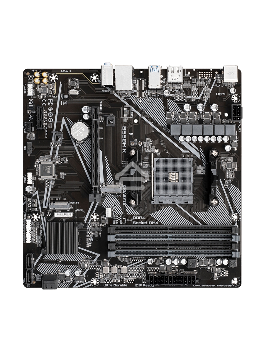 Материнская плата Gigabyte B550M K, AM4, AMD B550, 4xDDR4, 4xSATA, 2xM.2, 1xPCIe 4.0 x16, 1xPCIe x1, 1xHDMI, 1xDP, 1x 1Gb LAN, 4xUSB-A 3.2 Gen 1, 4xUSB-A 2.0, 3x3.5 мм, 7.1, mATX