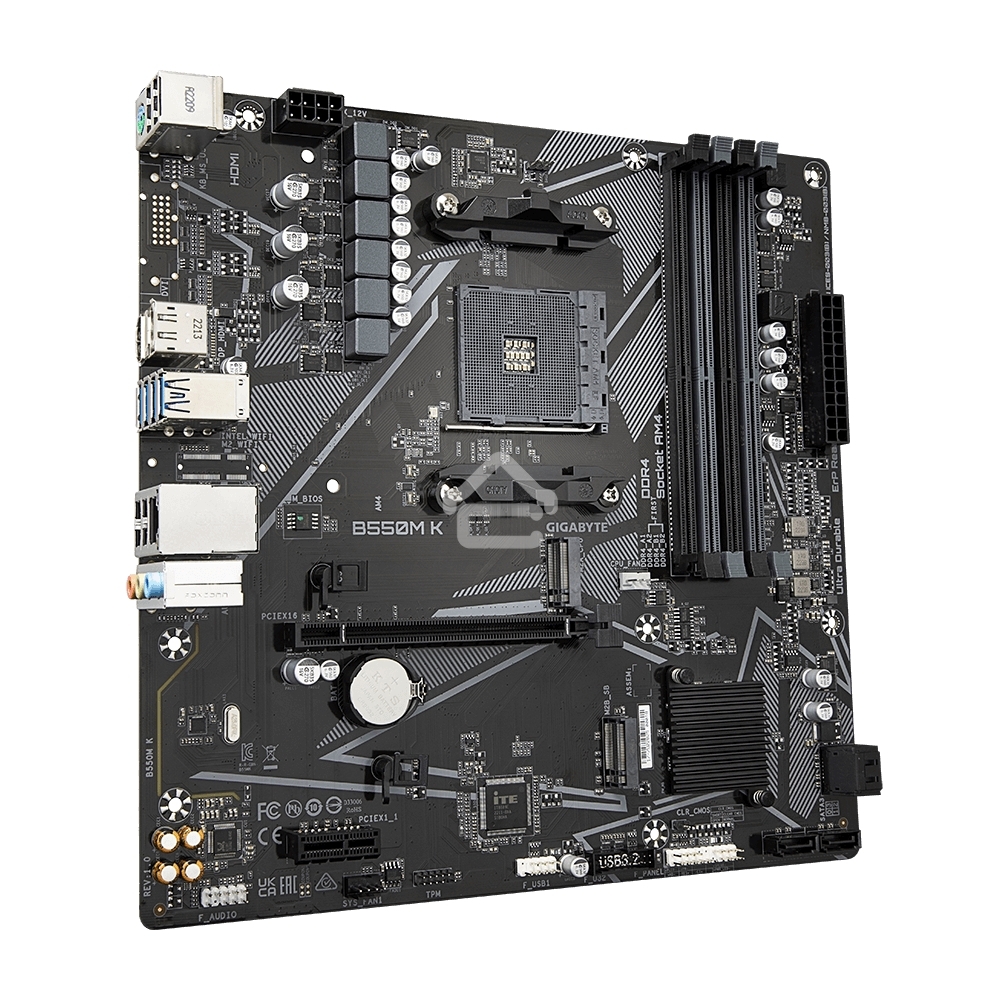 Материнская плата Gigabyte B550M K, AM4, AMD B550, 4xDDR4, 4xSATA, 2xM.2, 1xPCIe 4.0 x16, 1xPCIe x1, 1xHDMI, 1xDP, 1x 1Gb LAN, 4xUSB-A 3.2 Gen 1, 4xUSB-A 2.0, 3x3.5 мм, 7.1, mATX