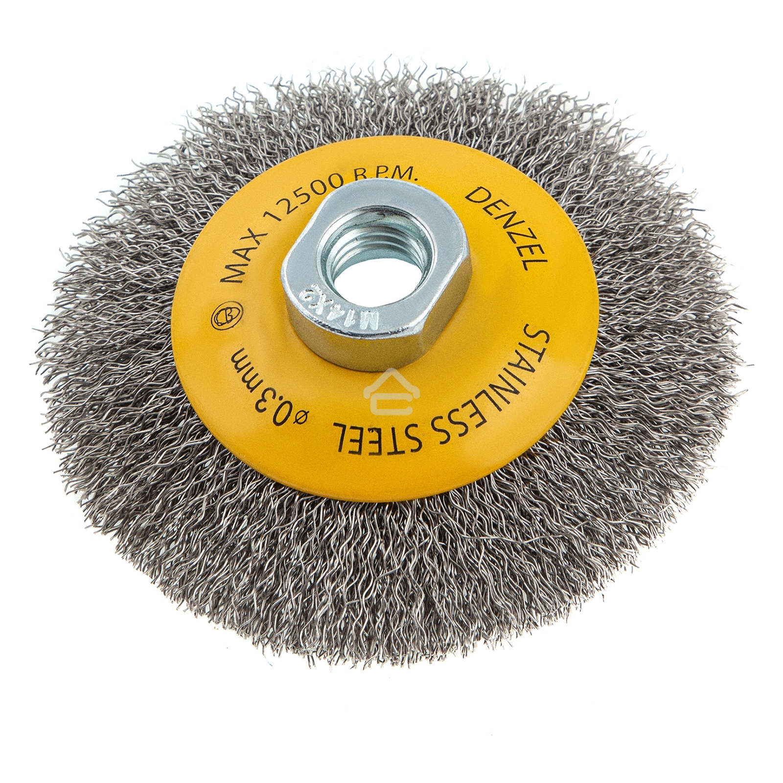 Щетка для УШМ Denzel 100 мм, М14, тарелка, витая нержавеющая проволока 0,3 мм