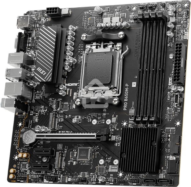 Материнская плата MSI PRO B650M-P, AM5, AMD B650, 4xDDR5, 4xSATA, 2xM.2, 1xPCI-E 4.0 x16, 2xPCI-E 4.0 x1, 1xHDMI, 1xDP, 1xVGA, 1x2.5Gb LAN, 2xUSB 3.2 Gen 1, 2xUSB 3.2 Gen 2, 3x3.5 мм, 7.1, Micro-ATX