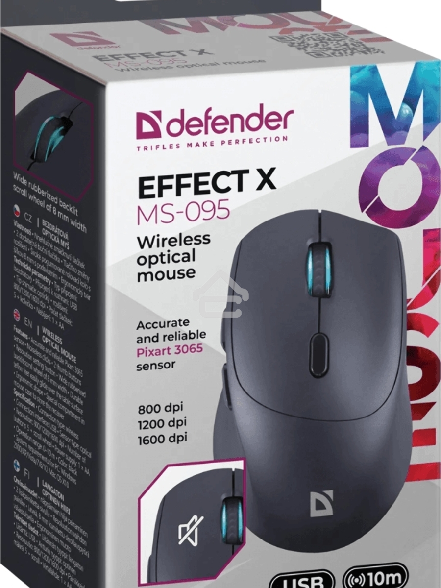 Мышь беспроводная Defender Effect X MS-095 черный, 1600 dpi, радиоканал, USB, кнопки - 6