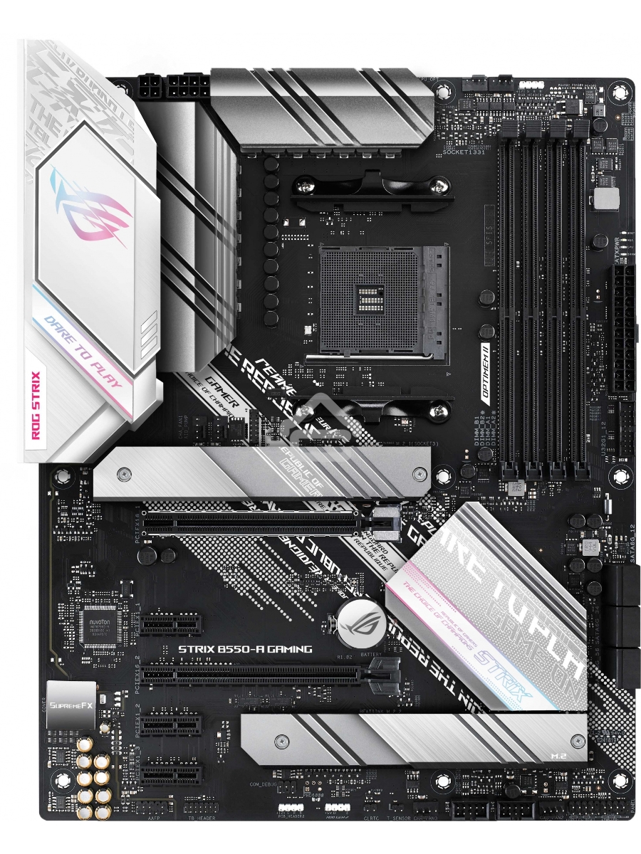 Материнская плата ASUS ROG STRIX B550-A GAMING, AM4, AMD B550, 4xDDR4, 6xSATA, 2xM.2, 1xPCI-E 4.0 x16, 1xPCI-E 3.0 x16, 3xPCI-E x1, 1xHDMI, 1xDP, 1x 2.5Gb LAN, 4xUSB 3.2 Gen 1, 1xUSB 3.2 Gen 2, 1xUSB-C 3.2 Gen 2, 5x3.5 мм, 7.1, ATX