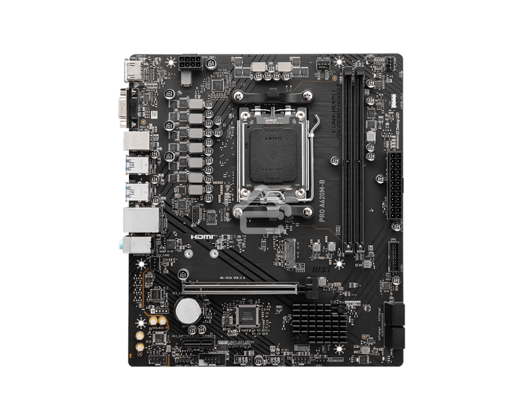 Материнская плата MSI PRO A620M-B, AM5, AMD A620, 2xDDR5, 4xSATA, 1xM.2 (PCIe 4.0 x4), 1xPCIe 4.0 x16, 1xPCIe 3.0 x1, 1xHDMI, 1xVGA, 1x2.5Gb LAN, 6xUSB-A 5Gbps, 6xUSB-A 2.0, 3x3.5 мм, 7.1, mATX