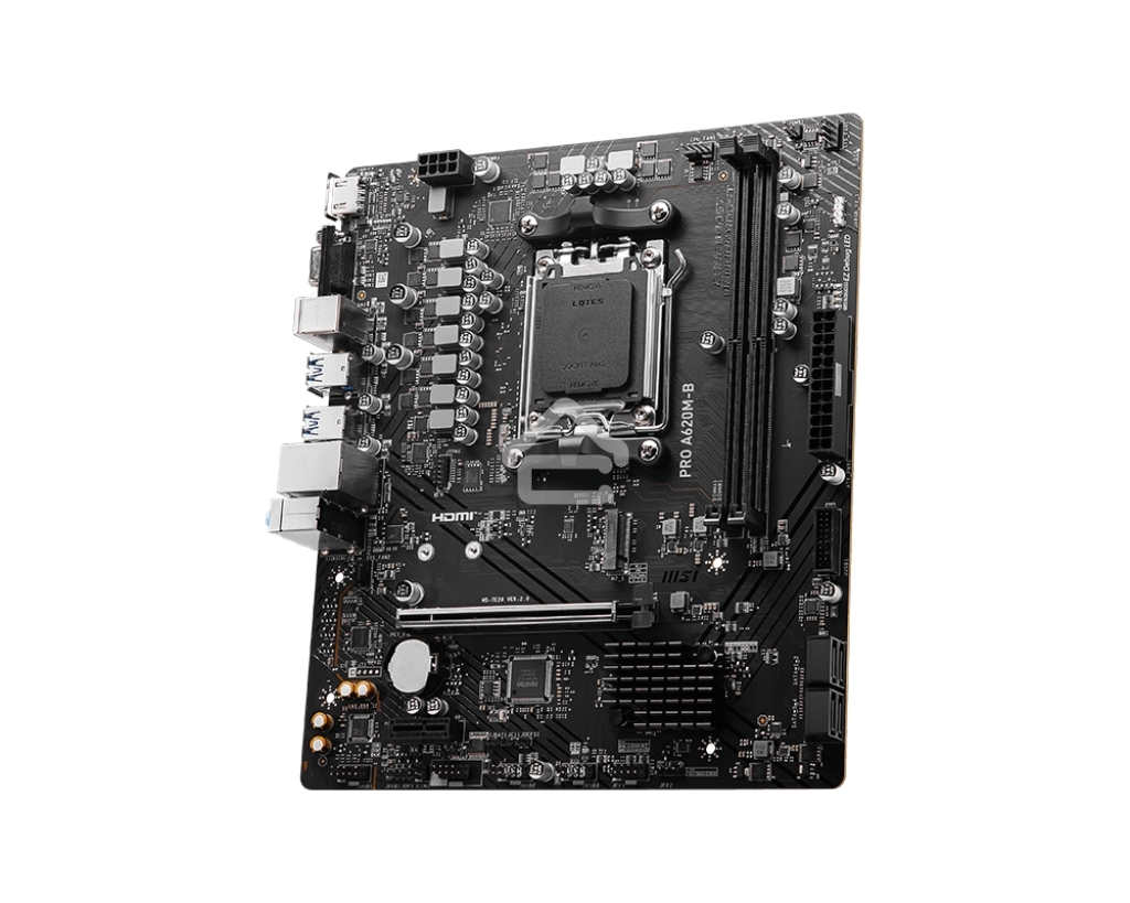Материнская плата MSI PRO A620M-B, AM5, AMD A620, 2xDDR5, 4xSATA, 1xM.2 (PCIe 4.0 x4), 1xPCIe 4.0 x16, 1xPCIe 3.0 x1, 1xHDMI, 1xVGA, 1x2.5Gb LAN, 6xUSB-A 5Gbps, 6xUSB-A 2.0, 3x3.5 мм, 7.1, mATX