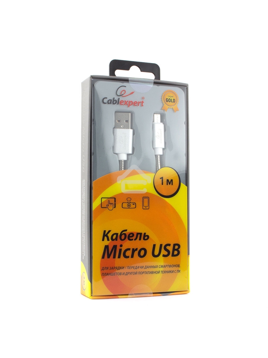 Кабель USB 2.0 Cablexpert CC-G-mUSB02S-1M, AM/microB, серия Gold, длина 1м, серебро, блистер