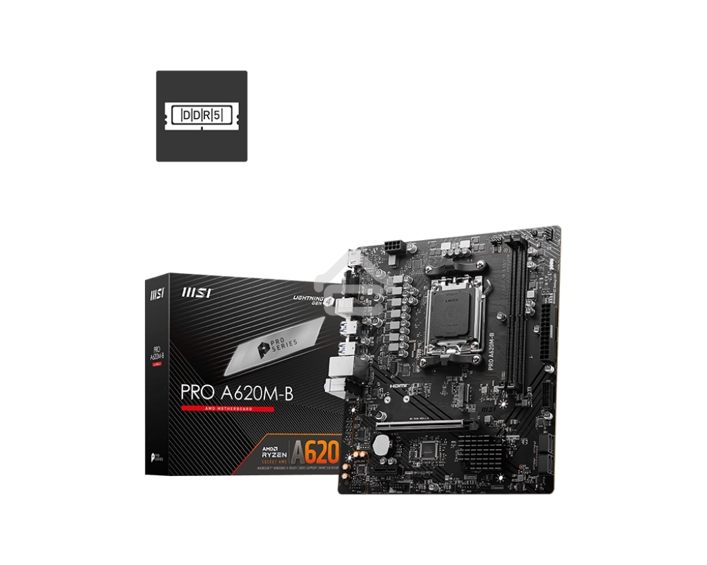 Материнская плата MSI PRO A620M-B, AM5, AMD A620, 2xDDR5, 4xSATA, 1xM.2 (PCIe 4.0 x4), 1xPCIe 4.0 x16, 1xPCIe 3.0 x1, 1xHDMI, 1xVGA, 1x2.5Gb LAN, 6xUSB-A 5Gbps, 6xUSB-A 2.0, 3x3.5 мм, 7.1, mATX